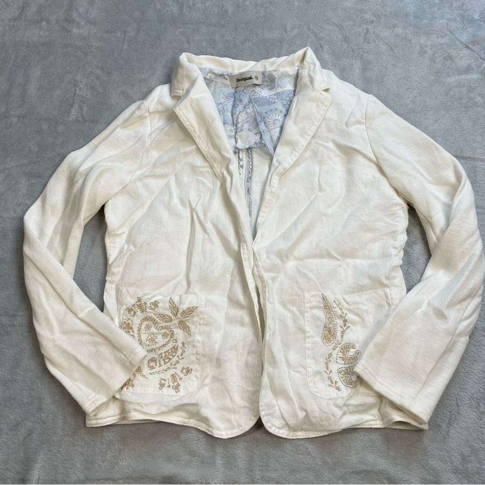 Desigual Blazer Jacket 40 (US Medium) Womens Linen Blend Cream Embroideredβ